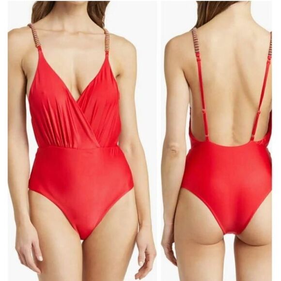 NWT FARM Rio Beaded Strap One-Piece Swimsuit in red.  Size Small - Picture 1 of 12